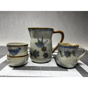 Vintage El Palomar Tonala Mexico Hand Painted Ceramic Pitcher & Cups Set
